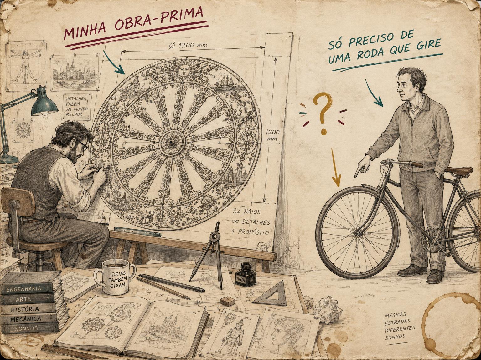 Desenho de um desenhista concentrado diante de uma roda gigante coberta de detalhes extraordinários em cada aro e raio, enquanto ao lado uma pessoa com uma bicicleta simples pede apenas uma roda que gire