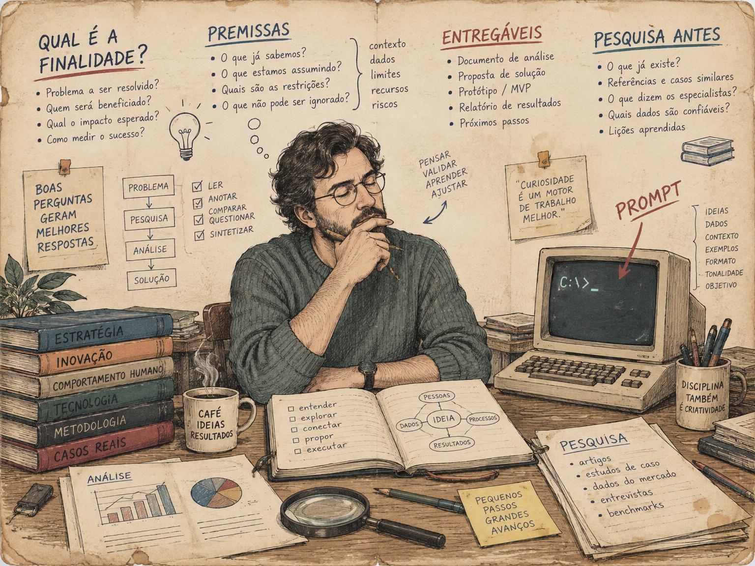 Desenho de uma pessoa pensando profundamente à mesa, cercada de livros, pesquisas e anotações, diante de um computador antigo onde vai escrever um prompt