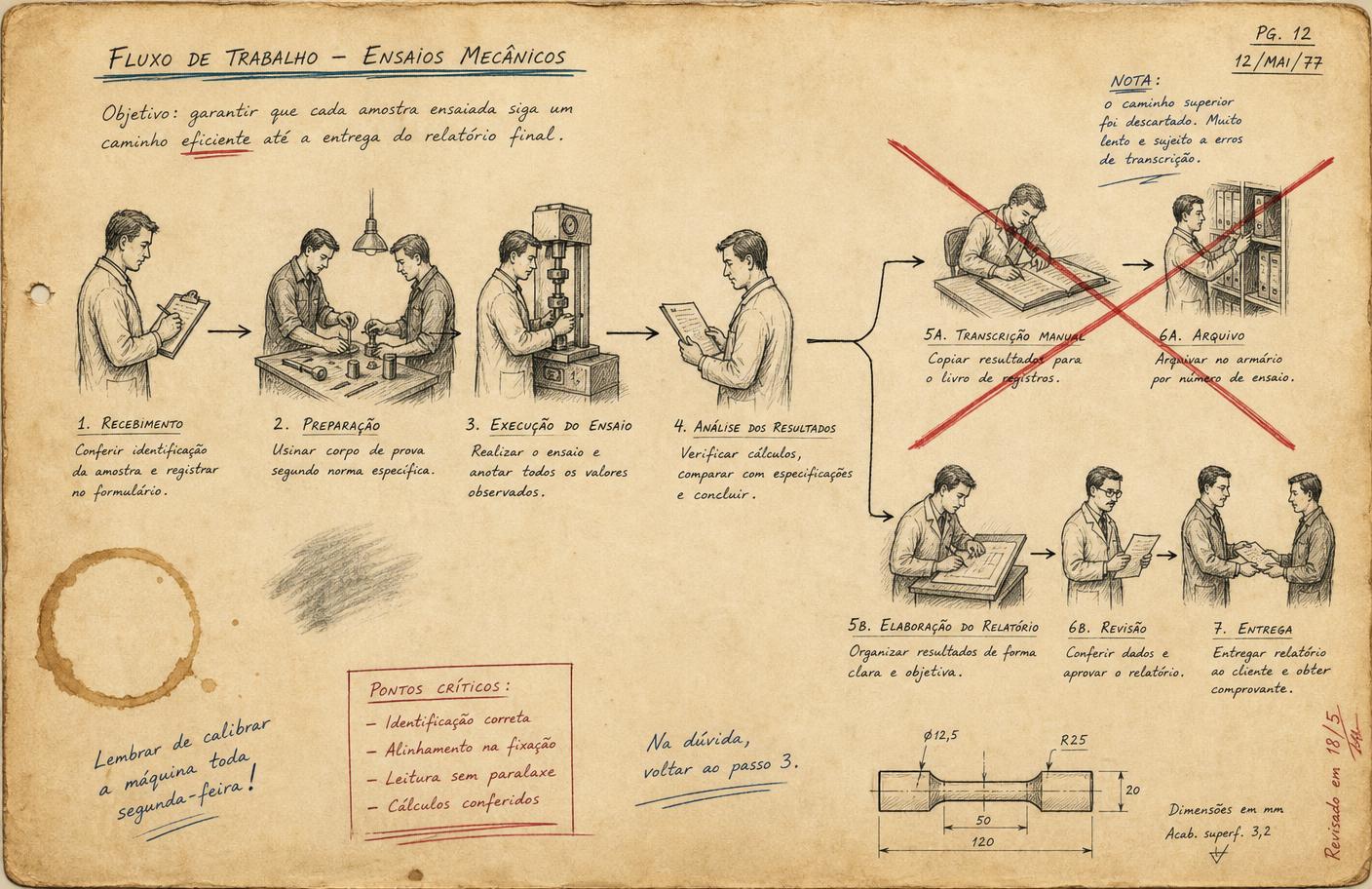 Folha de papel com desenho de um fluxo de trabalho: pessoas em atividades, uma bifurcação com o caminho superior riscado em vermelho e o caminho inferior seguindo em fluxo