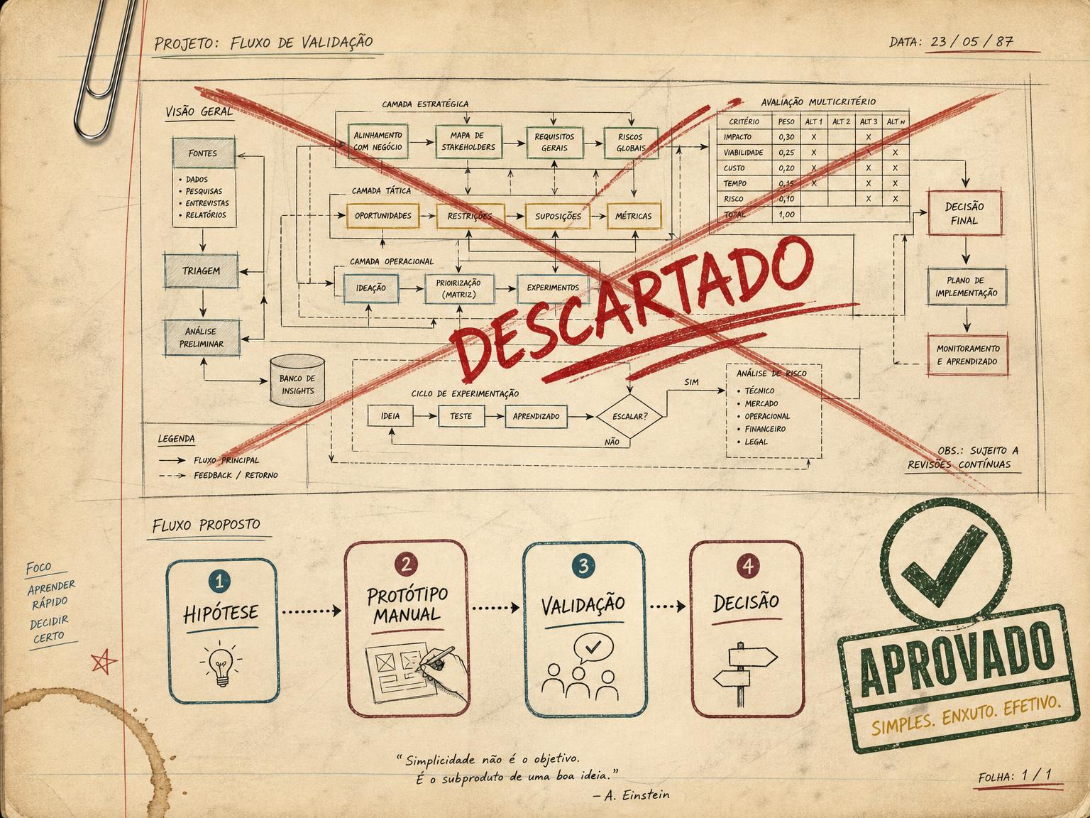 Diagrama complexo riscado e, abaixo, um fluxo simples de quatro passos com um carimbo de aprovado