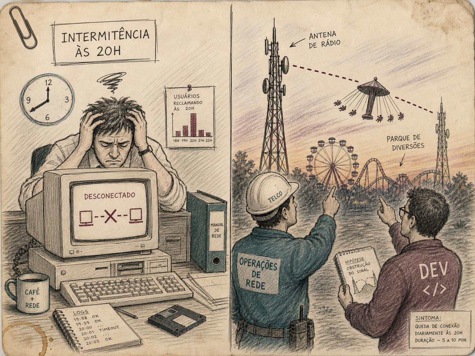 Desenho de uma pessoa frustrada diante de um computador desconectado e, ao lado, um técnico de telecomunicações e um programador apontando para uma antena de rádio com um parque de diversões ao fundo