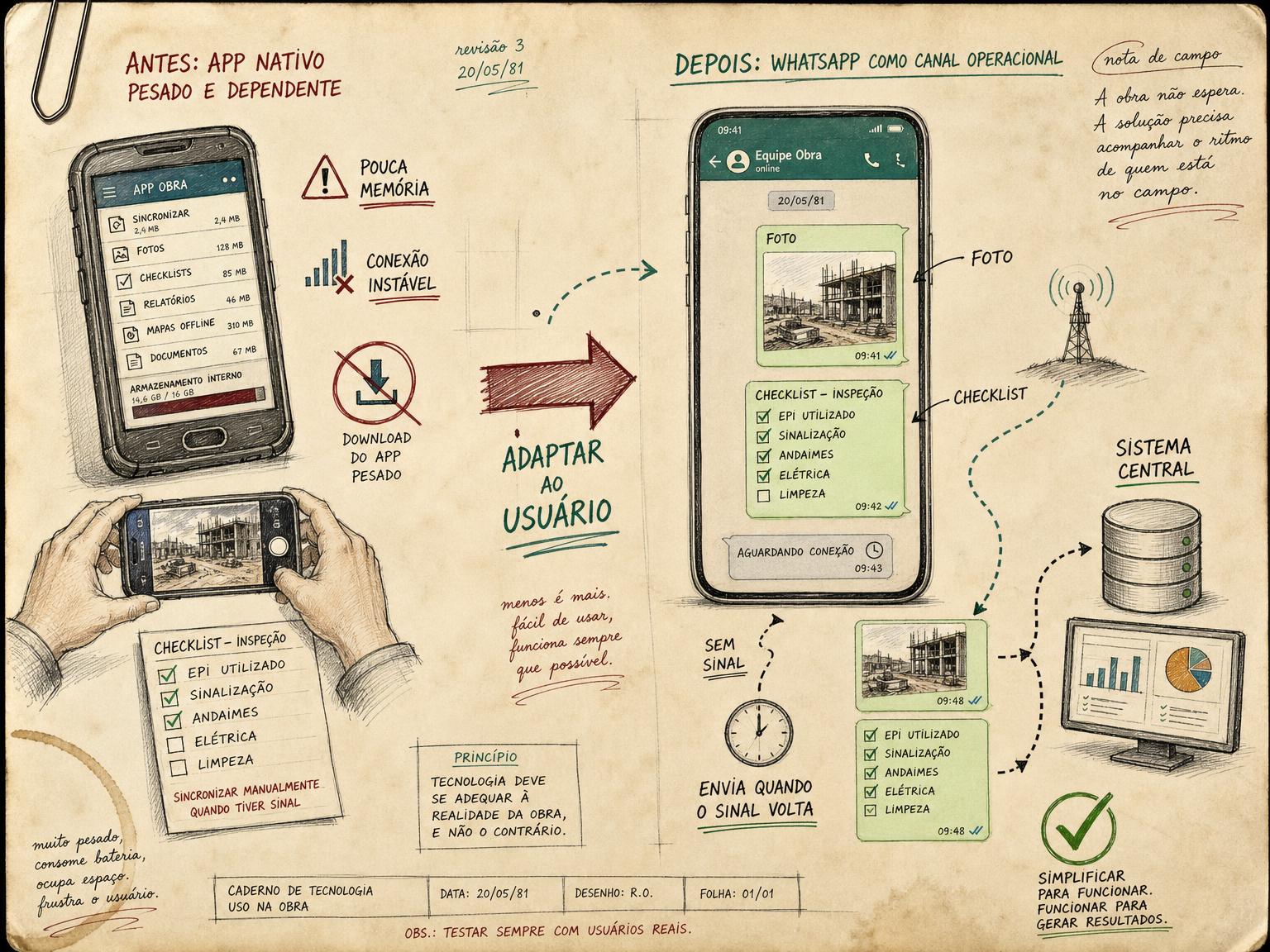Desenho comparando um aplicativo pesado com um fluxo simples de fotos e checklist integrado ao WhatsApp
